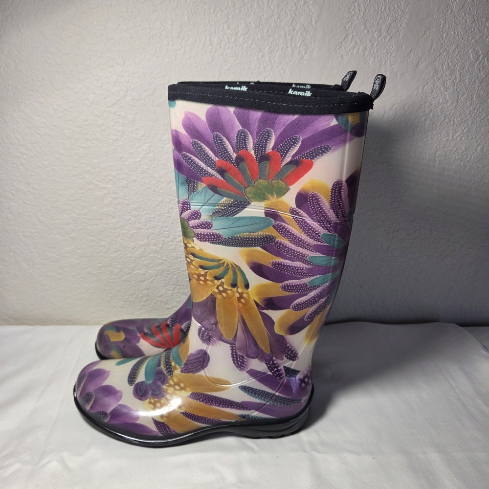 Kamik Floral Tall Rain Boots Womens Size 10 Purple Yellow Waterproof Rubber
